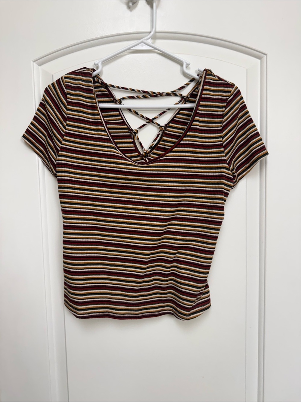 Charlotte Russe Striped Crisscross Round Neck Tee - Brown Multi